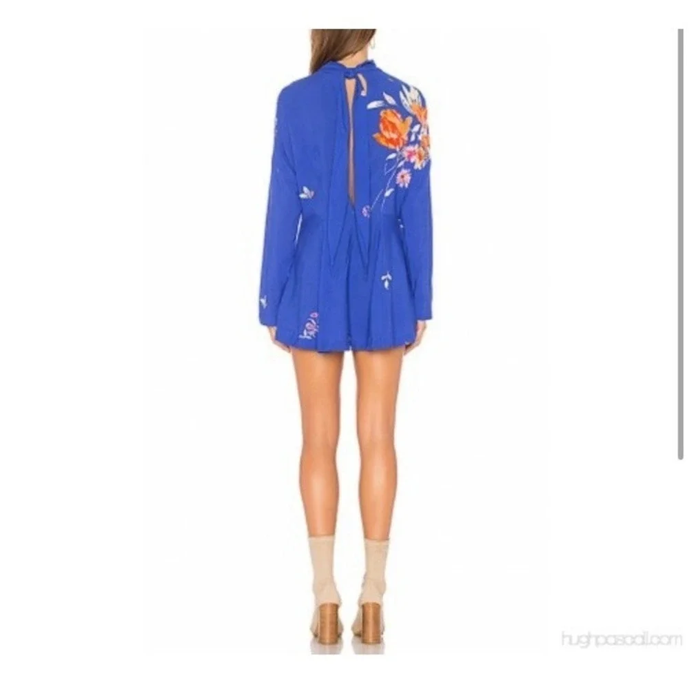 Free People Gemma Blue Floral Choker‎ Neck Cut Out Back Tunic Mini Dress Medium